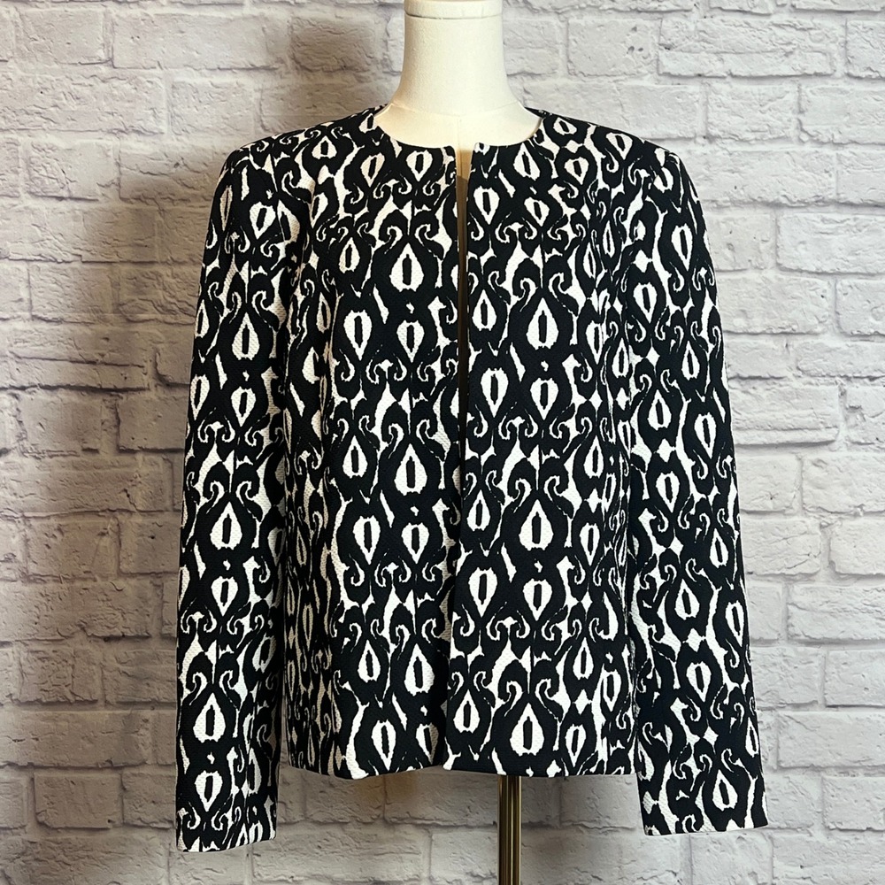 Kasper Women's Blazer Jacket Size 16 Black White Ikat Print Open Front